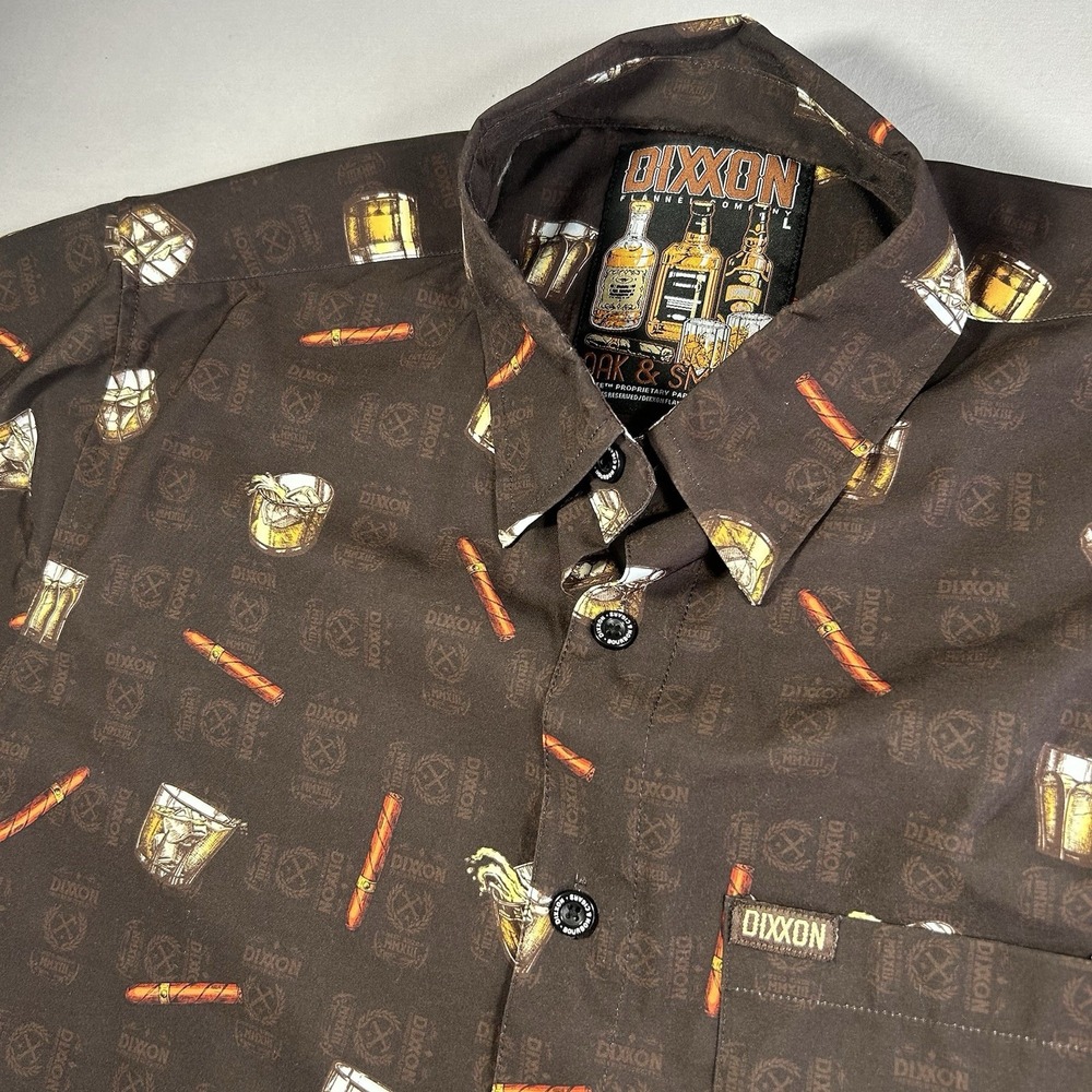 Dixxon Flannel Co Oak & Smoke Shirt Mens L Brown Whiskey Cigar Print Button Up